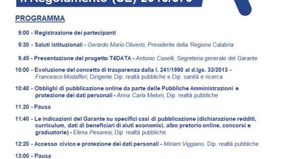 T4DATA: il 26 giugno a Catanzaro nuovo incontro formativo per i DPO